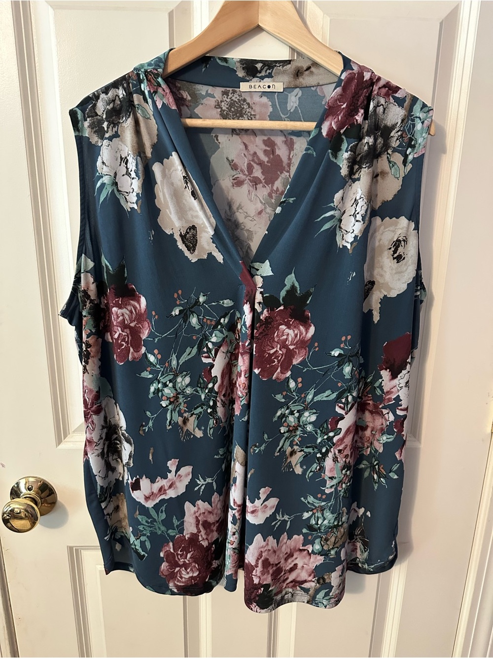 Beacon Teal Blue Floral V-Neck Sleeveless Blouse